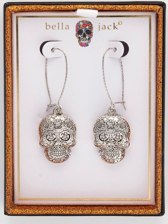 Bella Jack Jewelry - Bella Jack Boxed Dimensional Sugar Skull Earrings Silver Tone Floral Gothic